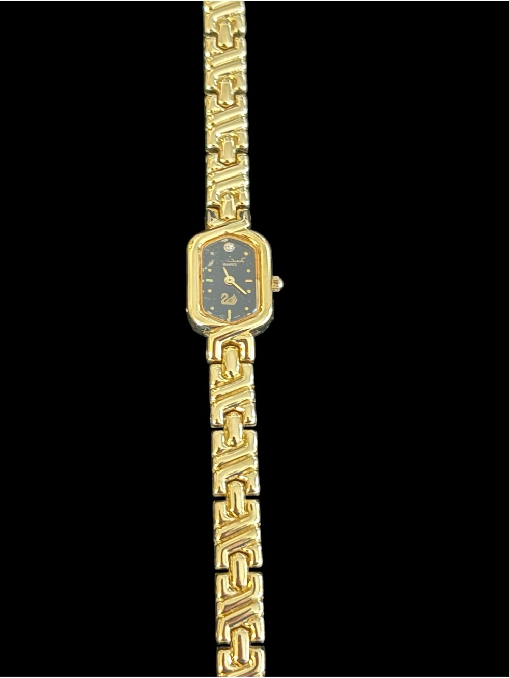 Vintage Gloria Vanderbilt Gold Tone Bracelet Watch with Black Dial and Crystal